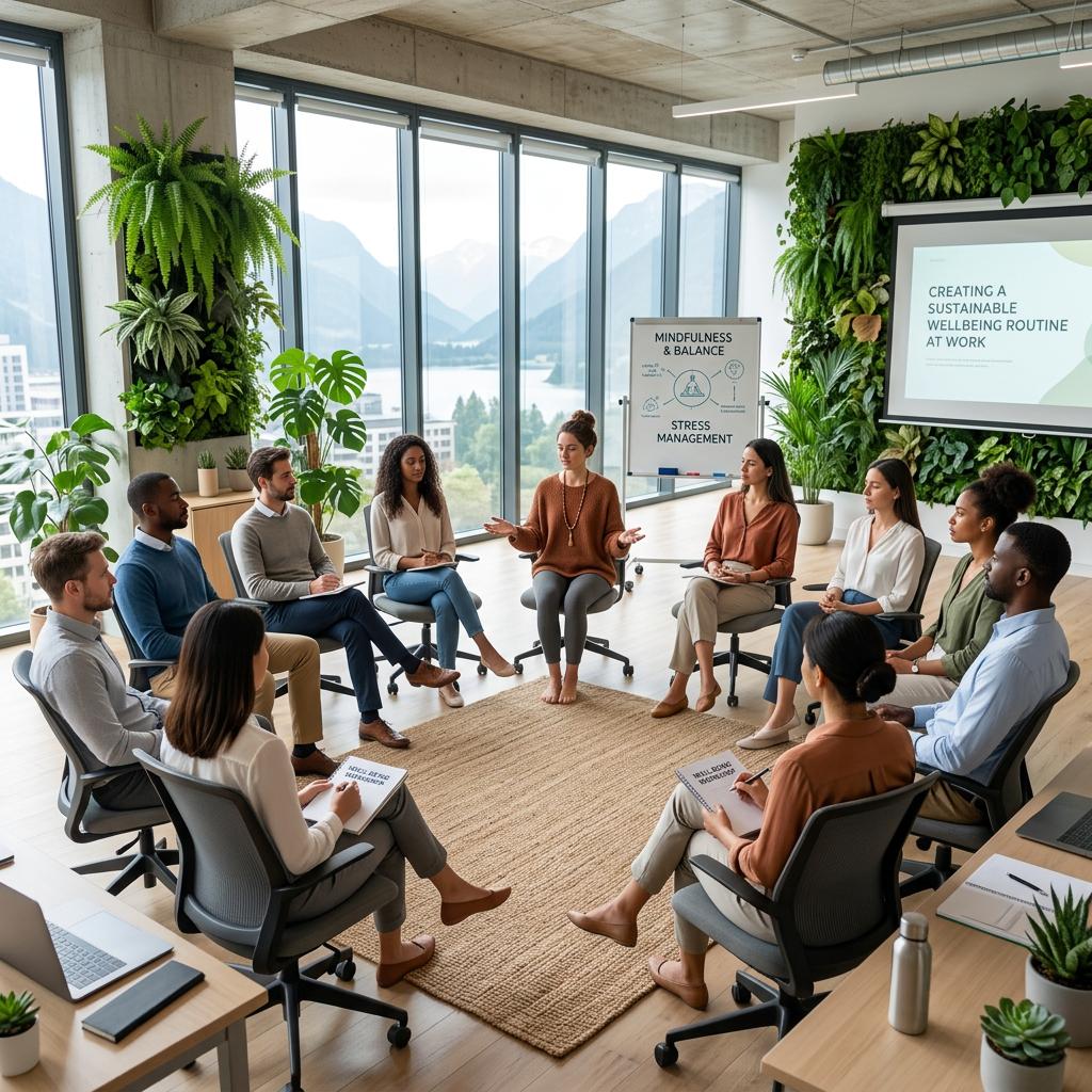 Healthcare professional holding stethoscope Group of people sitting in a circle in an office for a mindfulness and stress management session