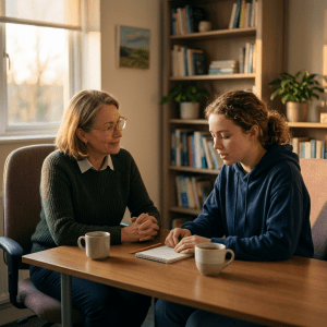 A counselor and young woman sitting at a table during a counseling session