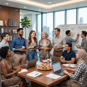 Diverse business team having a meeting with laptops, coffee, and whiteboard notes