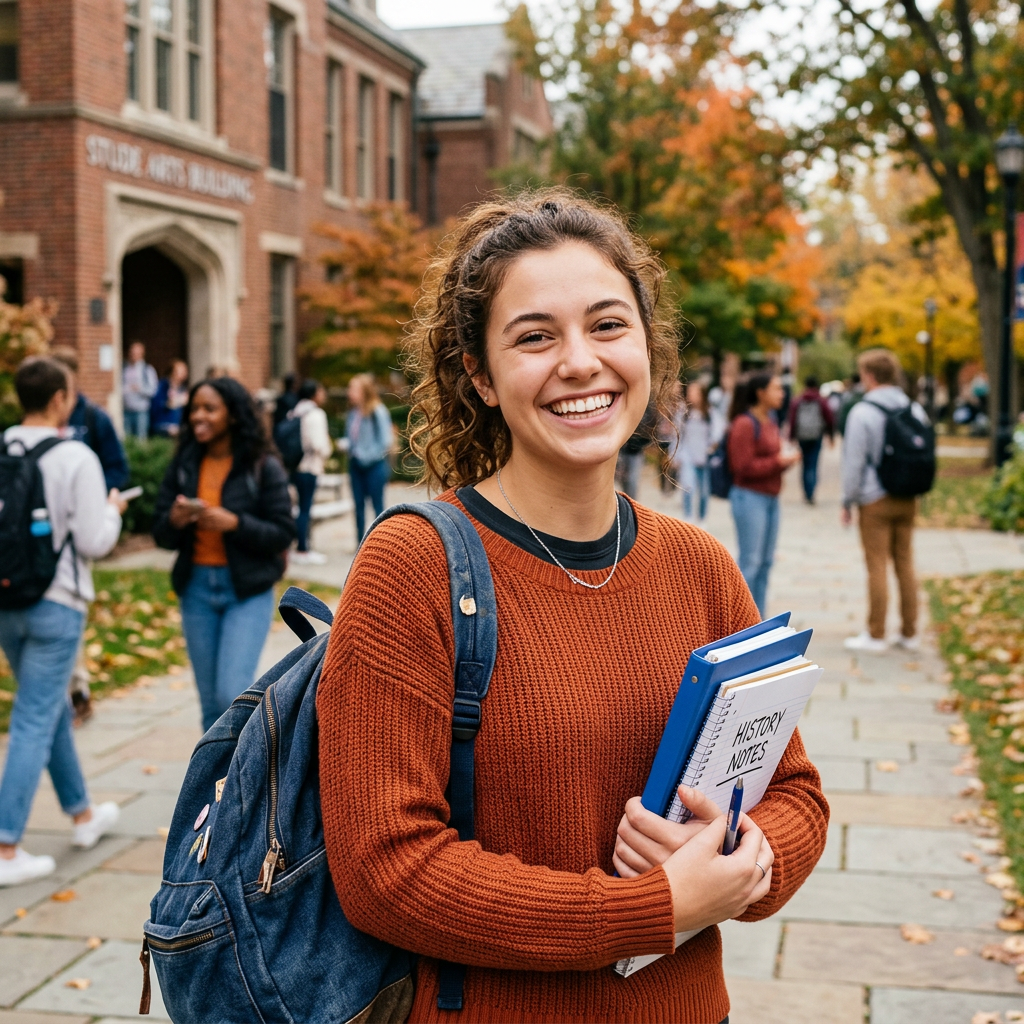 Female student smiling while holding notebooks and a pen on campus walkway