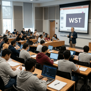Classroom of students attending a lecture on global economics and trade policies with professor speaking