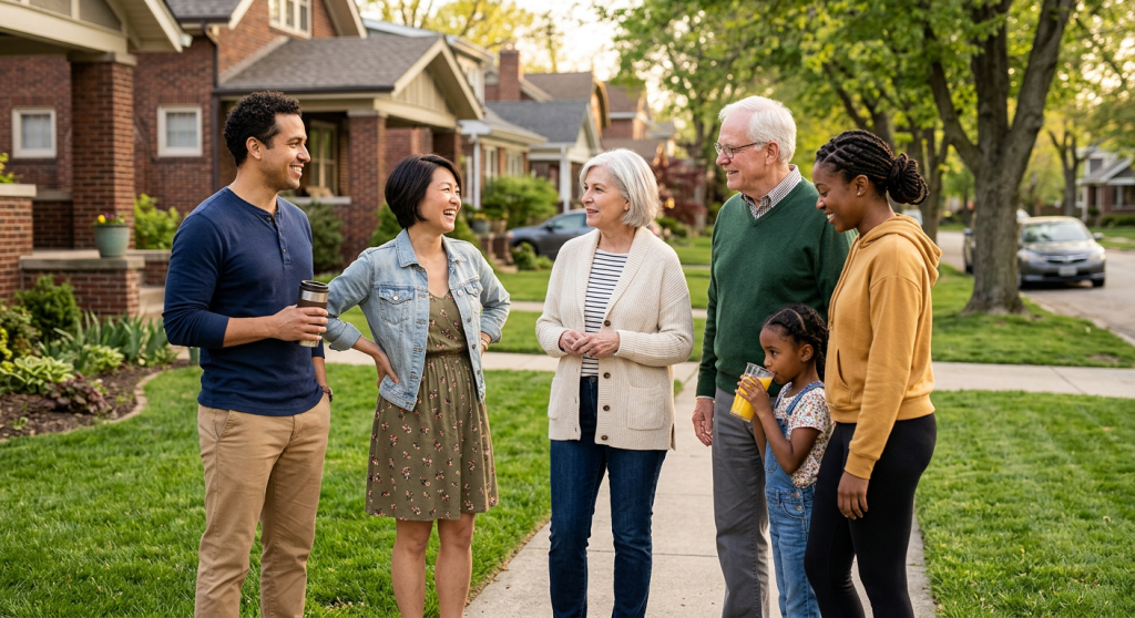 Diverse group of people socializing, eating, and watching live music at a community park event