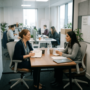 Two women having a one-on-one discussion at a desk in an office meeting room