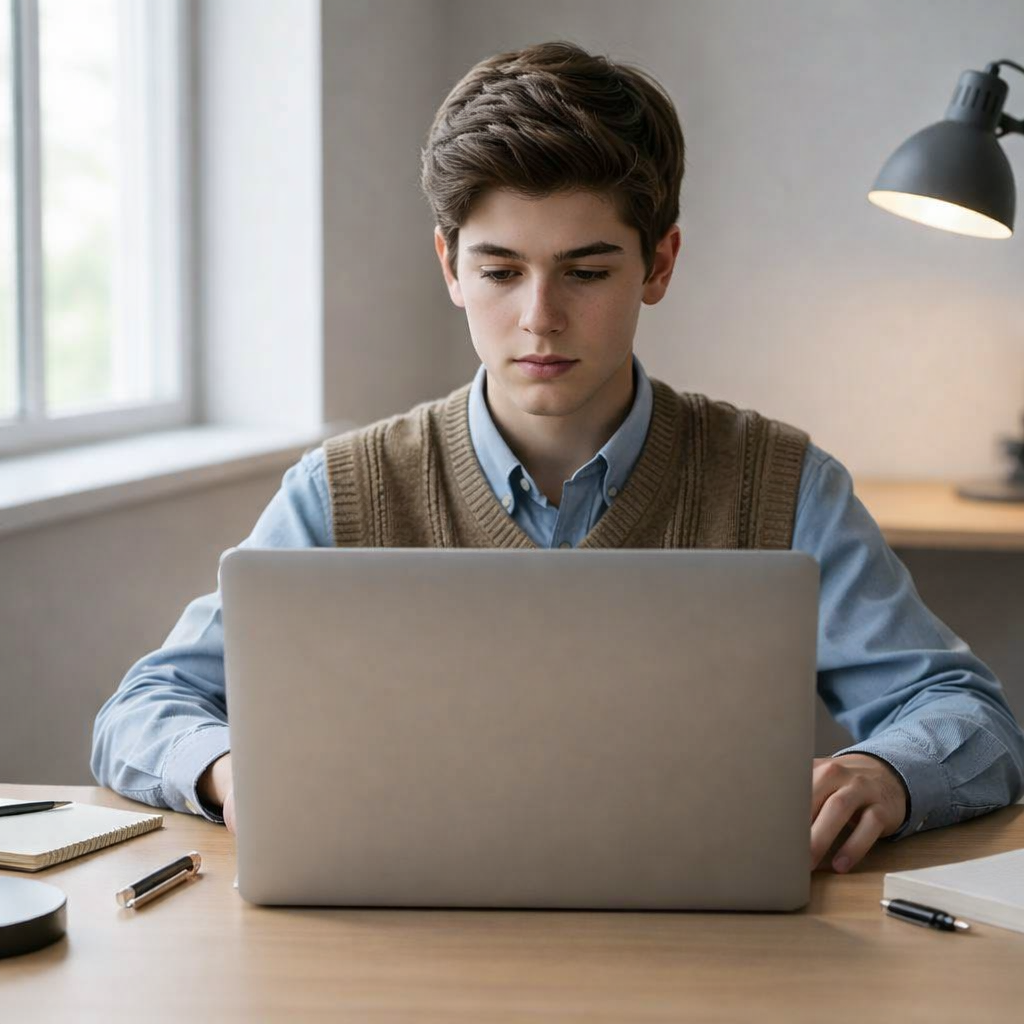 Person working on laptop with blank screen and a pen beside