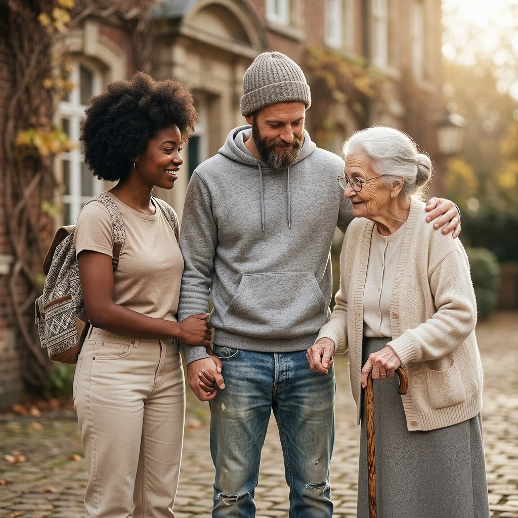 Diverse inclusive neighborhood gathering Diverse group of people including children, elderly, and a person in a wheelchair gathered with houses and buildings in background under a banner reading Community