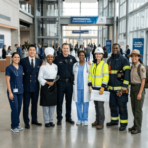 Group of professionals in different uniforms posing together indoors at a conference