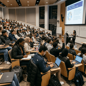 Students listening and taking notes during a global studies lecture on cultural interaction